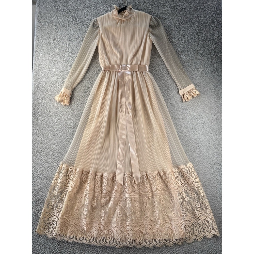 Vintage‎ Miss Elliette Chiffon Maxi Dress Womens 6 Lace Trim Semi Sheer Boho 70s